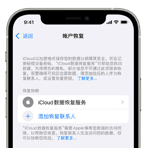 城固苹果手机维修分享在 iPhone 上设置帐户恢复联系人的方法 