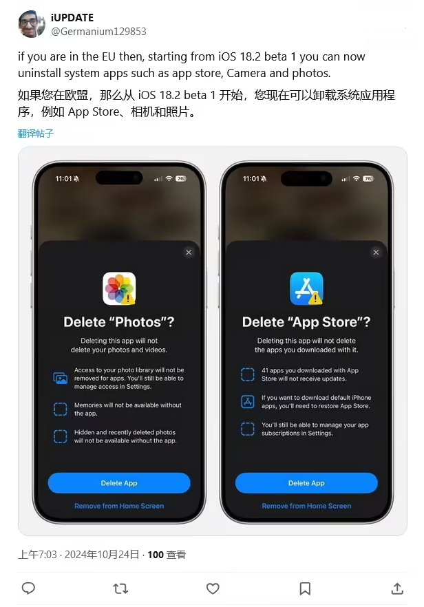 城固苹果手机维修分享iOS 18.2 支持删除 App Store 应用商店 