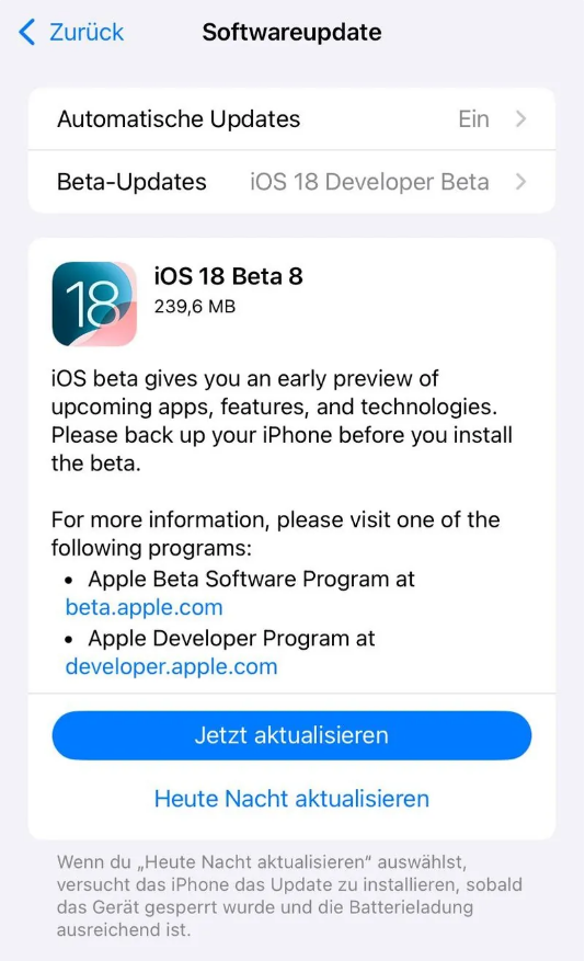 城固苹果手机维修分享苹果 iOS / iPadOS 18 开发者预览版 Beta 8 发布 